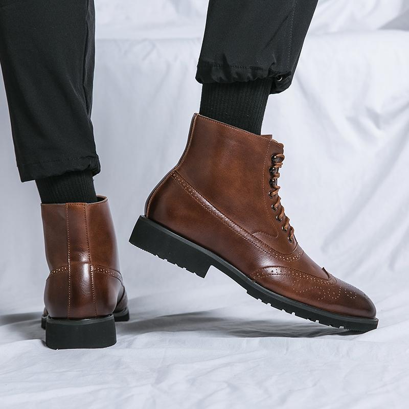 Men Brogues Boots Motorcycle Casual Ankle Boots Wingtip Dress Formal High Top Black Leather Boots Over Sized