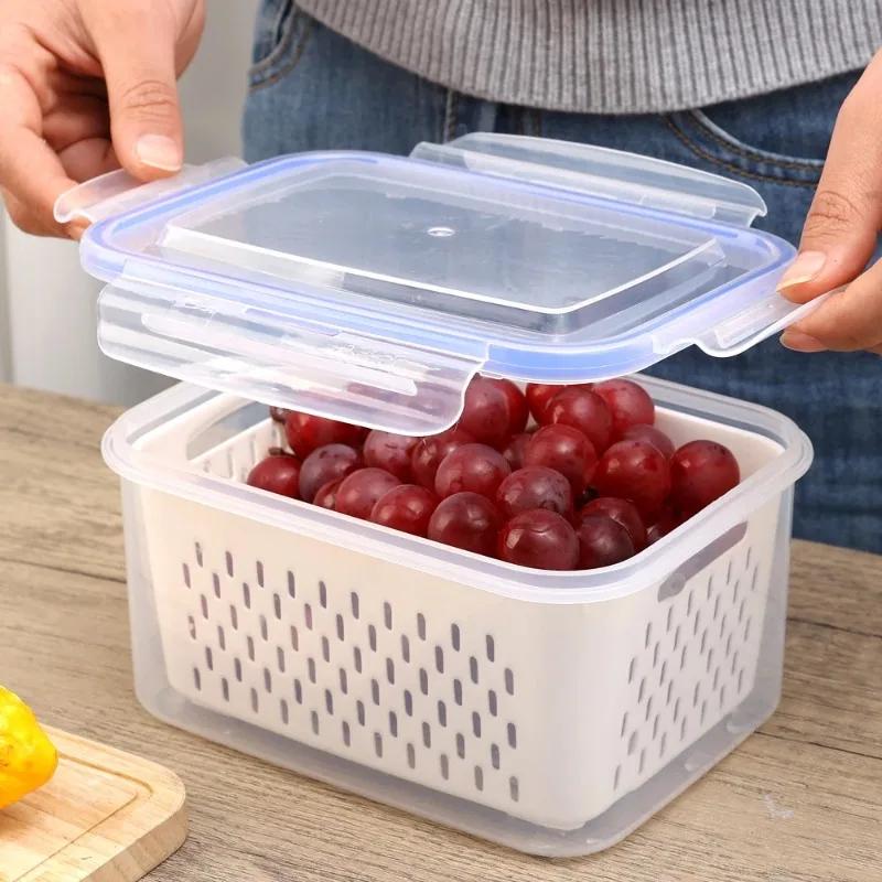Large Vegetable Drain Basket Special Fruit Preservation Box For Refrigerators Food Grade Kitchen Double Layer Storage Container