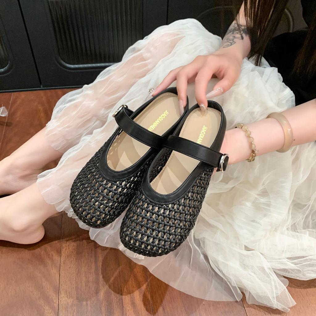 Woven Hollow Bag Head Half Slippers Women's Outer Wear 2025 Spring and Summer Retro Versatile Flat Soft Bottom Lazy Slippers Comfortable