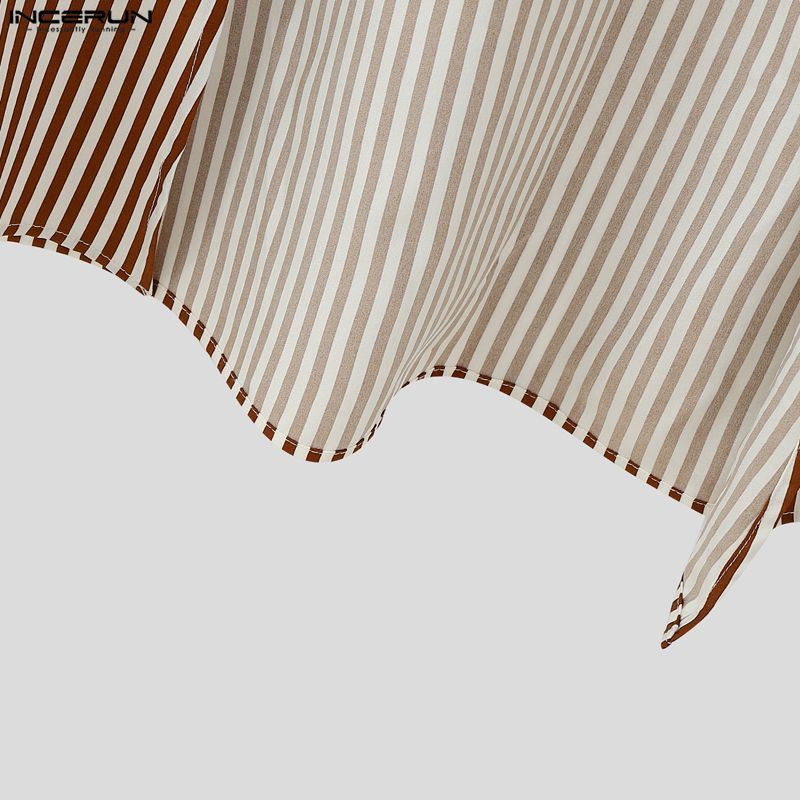 INCERUN Spring Men Neck Long Sleeve Striped Irregular Casual Long Cardigan Shirts Tops