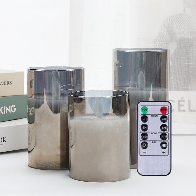 LED Tea-Colored Glass Candle Set with Remote Control and Simulated Flame