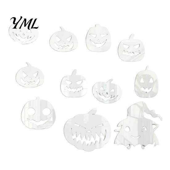 Matte Black Pumpkin Decor for Shop Window 11Pcs Halloween Mirror Wall Stickers, Self-Adhesive Acrylic Ghost Decals, DIY Removable Modern Art