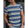 Men's mountain print striped T-shirt, round neck short sleeved