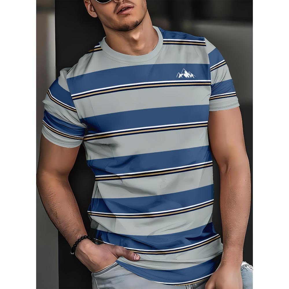Men's mountain print striped T-shirt, round neck short sleeved