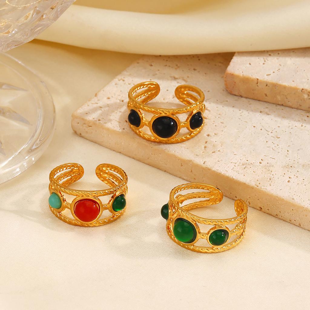 Vintage Stainless Steel Multi Layer Lines Rings for Women Men Colorful Resin Semi-Circle Bead Opening Rings Banquet Jewelry Gift