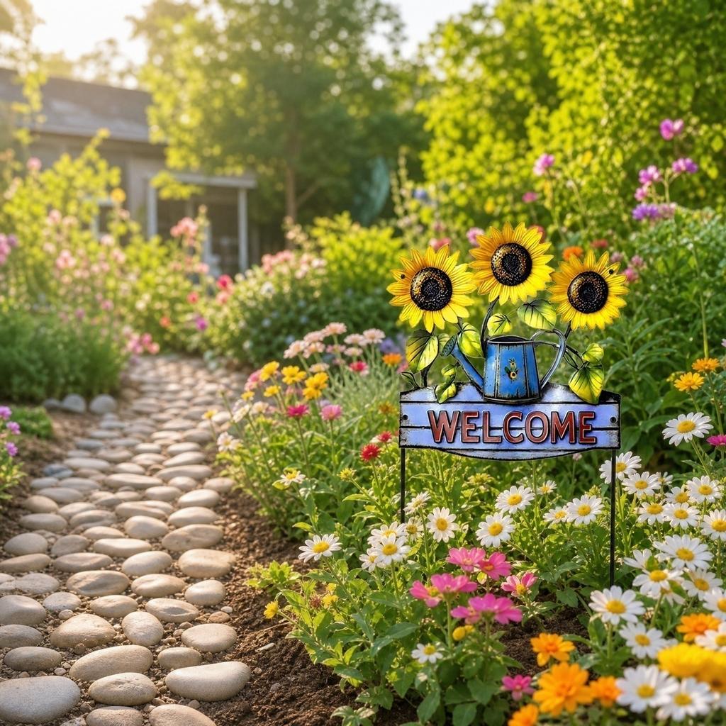 Metal Sunflower Wall Decor with Watering Can and Welcome Sign Garden Hanging Ornament Indoor Outdoor Wall Art