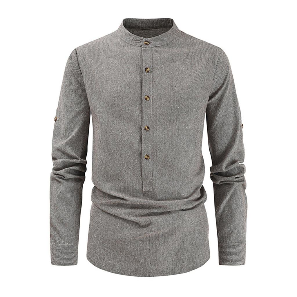 Men's Casual Fashion Long Sleeve Shirt Men's Stripe Stand Collar Button Long Sleeve Shirt