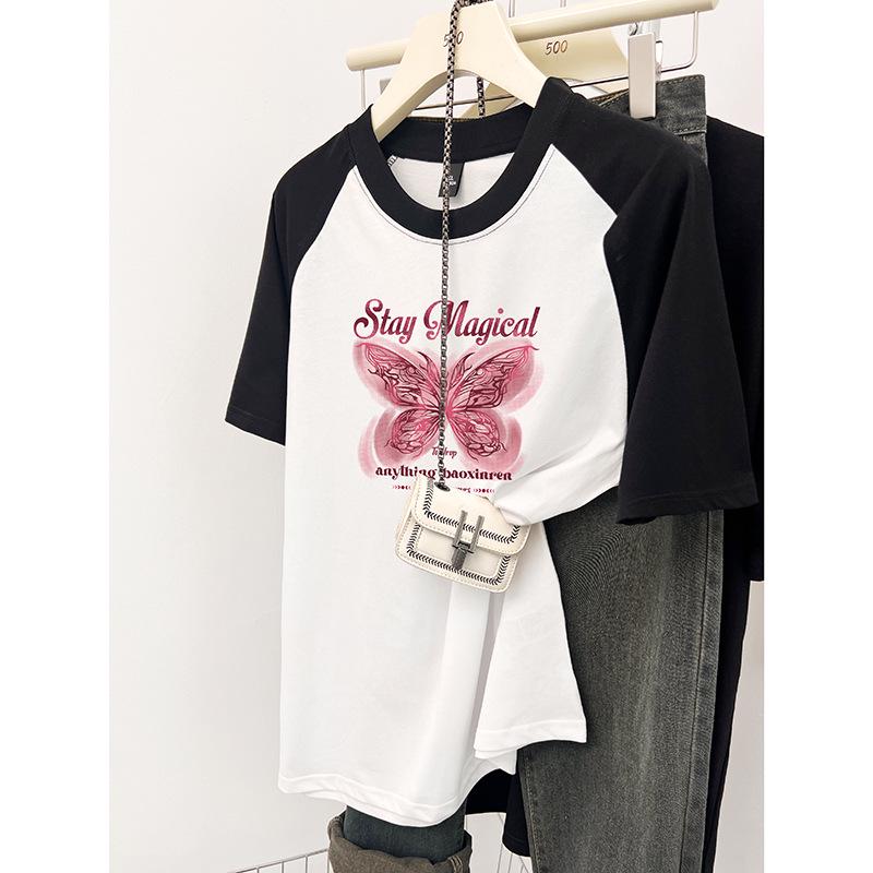 

Женская летняя футболка 2024 года с рукавами реглан, цветным блоком, свободного кроя, из чистого хлопка Small