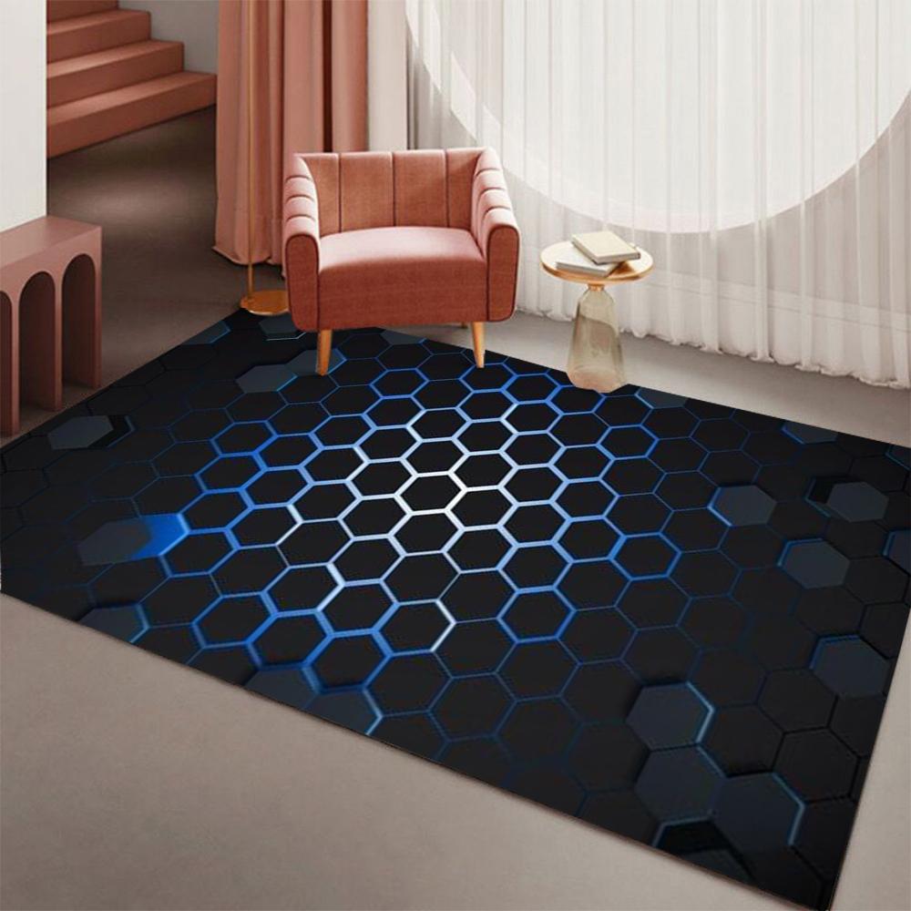 Blaues Sechseckmuster Leuchtteppich Weich Rutschfest Großer Bereichsteppich für Wohnzimmer Schlafzimmer Heimdekoration Waschbare Lounge Sofa Matte