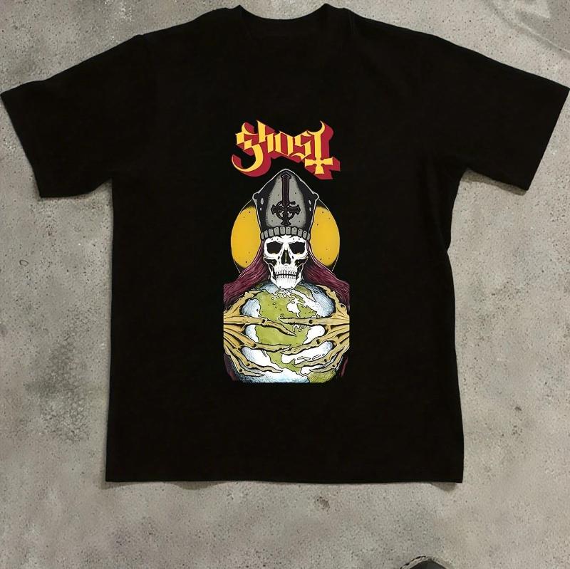 

Summer Gothic Heavy Metal T-shirt - Embracing The Earth Skull Pattern, Red and Gold Letters - Men s Dark Style Casual T-shirt 4XL
