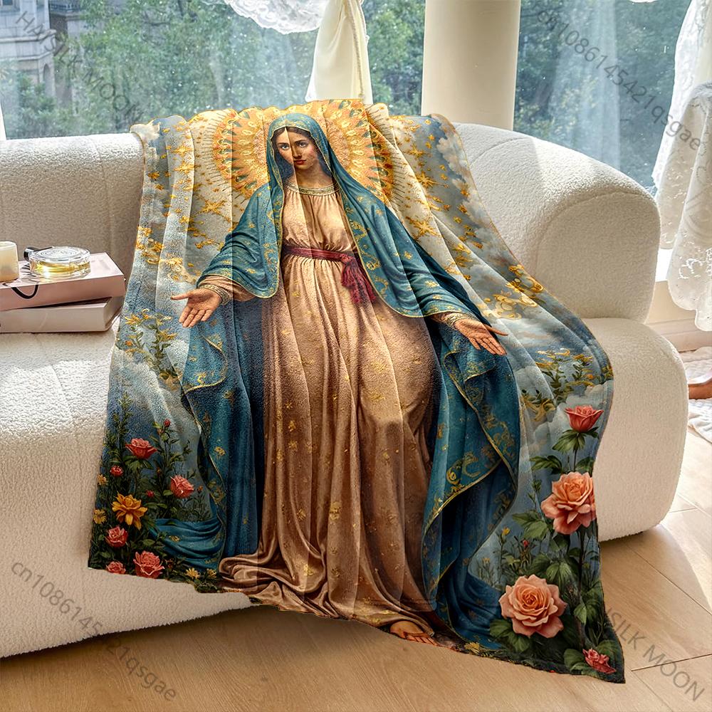 1PC Virgin Mary with Floral Halo Print Blanket Warm Soft Fluffy Kids and Adult Sofa Bed Throw Blanket Outdoor Travel Camping RV