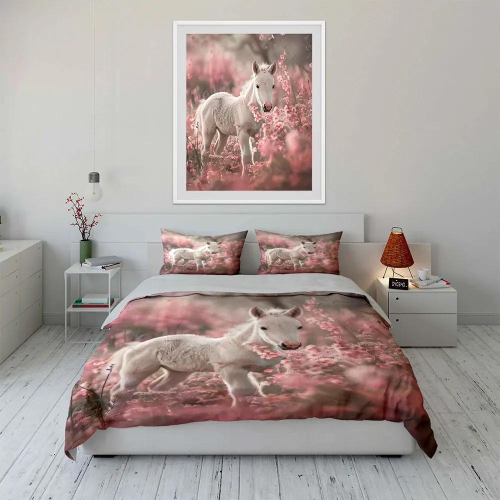 White Horse Floral Art Set for Decor Soft Comfortable Duvet Cover Bedding Set Included 1*Duvet Cover & 2*Pillowcases Gift