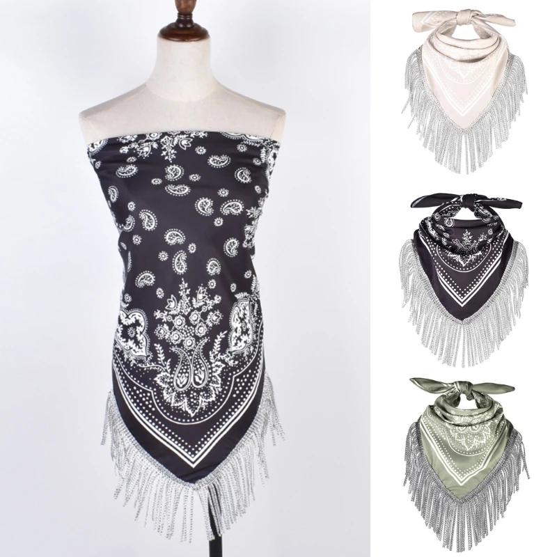 Yto Scarf Women's Cowgirl Bandanas Shawl Rhinestones Fringe Paisley Scarf Bachelorette Bandanas Cowboys Bandanas Rhinestones Neckerchief