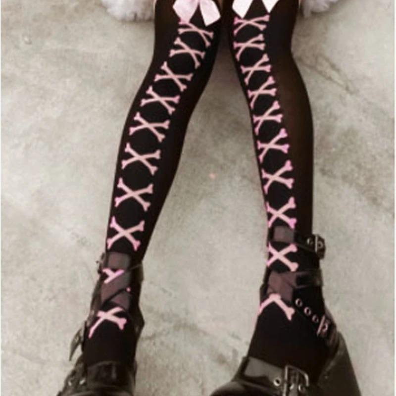 Neue Mädchen Knochen Schleife Socken Streetwear Mädchen Schwarz Süß Niedlich Rosa Y2K Harajuku Lolita Netzstrümpfe Oberschenkelhohe Strümpfe One Size gray