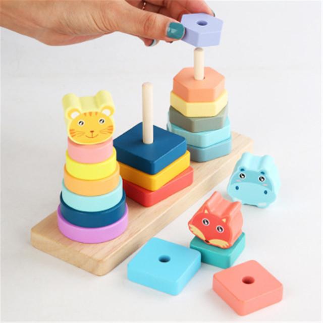 Wooden Baby Building Blocks Toy Shape Matching Recognition Four Sets of Pillars Puzzle Early Education