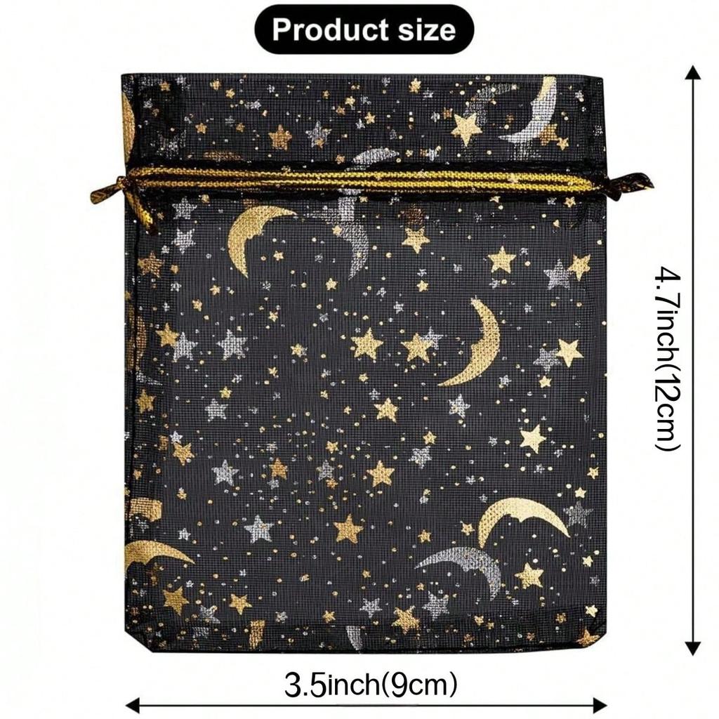 Moon & Star Printed Drawstring Organza Bags, Black, Candy Gift Bags, for Cosmetics, Party, Jewelry and Festivals, 3.5x4.7inch (9x12cm)