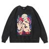Dark Washed Vintage Anime Print Streetwear Hoodie Men - Retro Black Cotton Crewneck Sweatshirt Fall Casual Wear