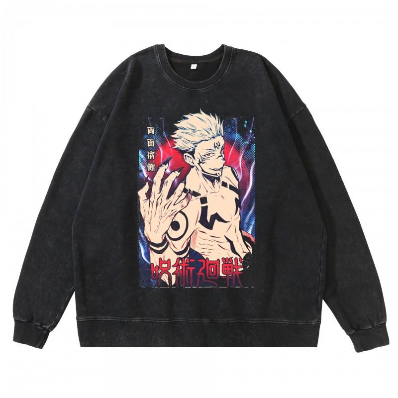 Dark Washed Vintage Anime Print Streetwear Hoodie Men - Retro Black Cotton Crewneck Sweatshirt Fall Casual Wear