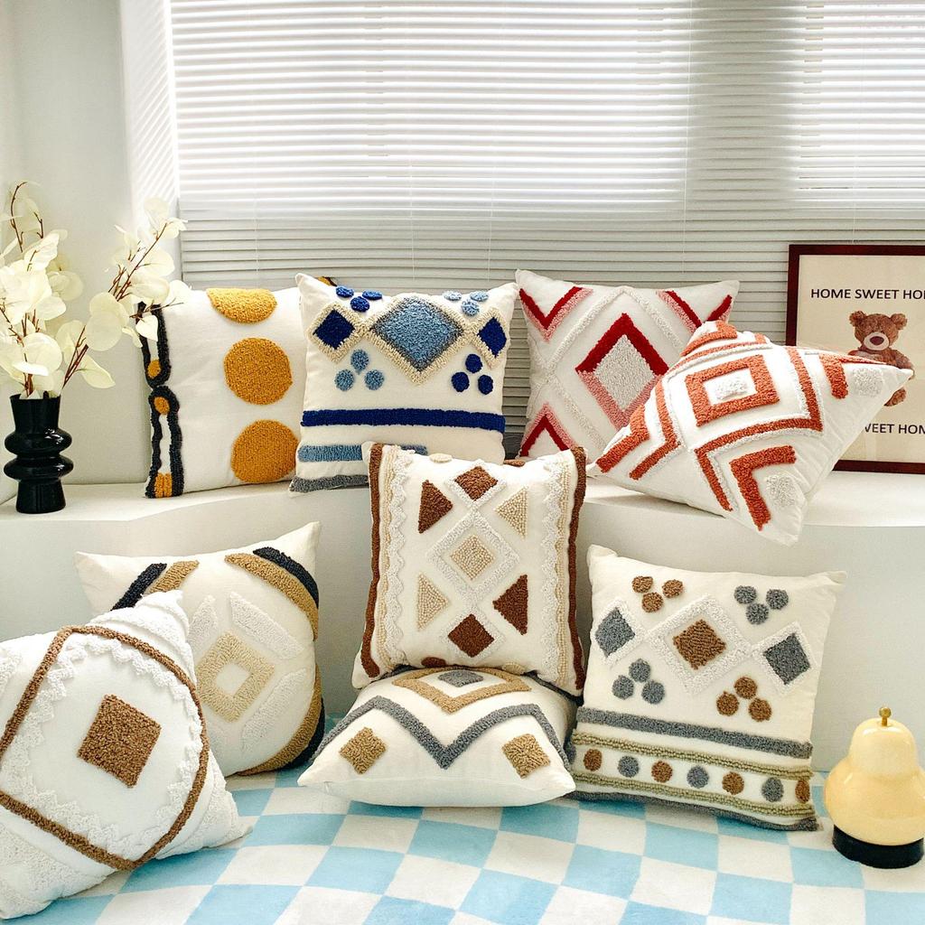 Bohemian Tassel Loop Pile Embroidered Throw Pillow for Sofa and Living Room