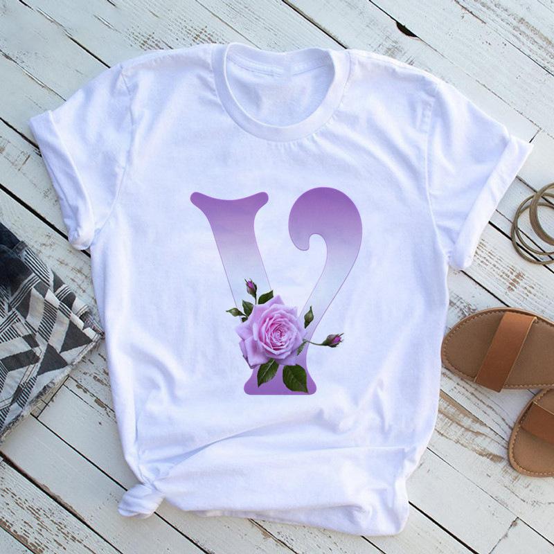 New English Name Rose Monogram Printed Tshirt Flower Short Sleeve Top Tshirt Women Clothing Graphic T Shirts Tops Aesthetic