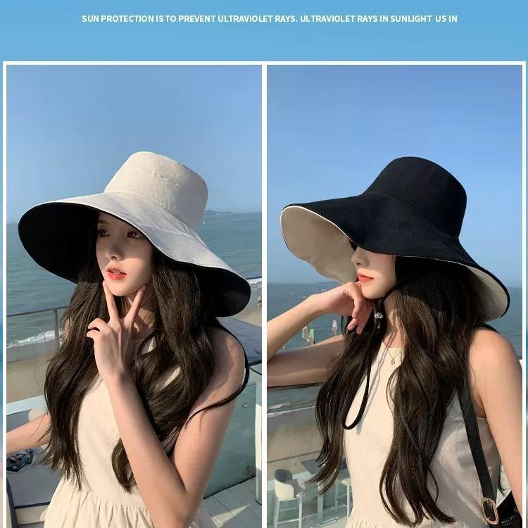 Summer New Women's Double-sided Bucket Hat Sunscreen Hat Enlarged Cm Sun Hat Lengthened Travel Brim