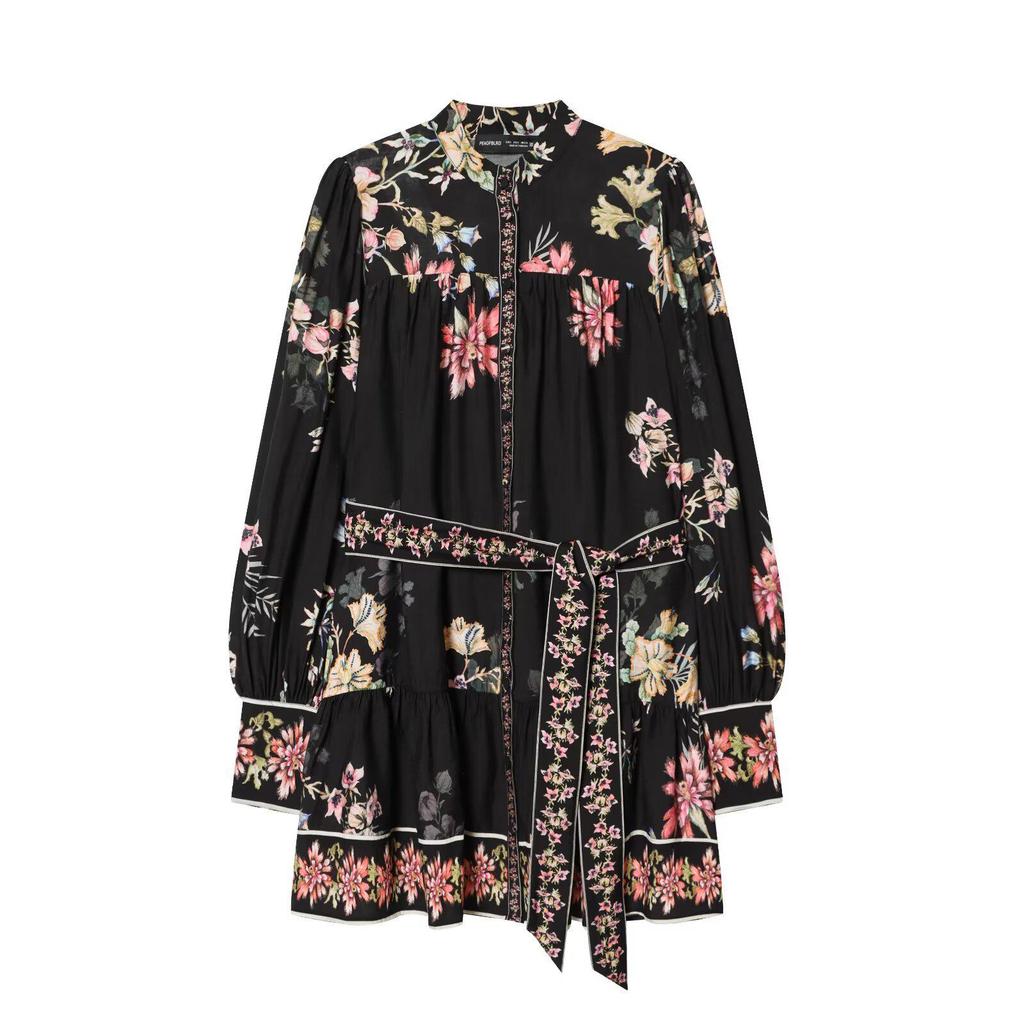 2026 Spring Women's Waist Tie Long Sleeve Printed Dress - European & American Style