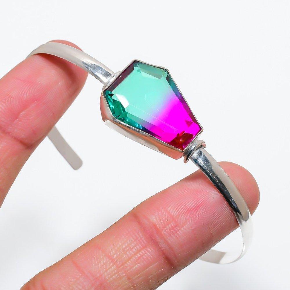 Bi-Color Tourmaline Gemstone 925 Sterling Silver Cuff Bangle Adjustable F4b78