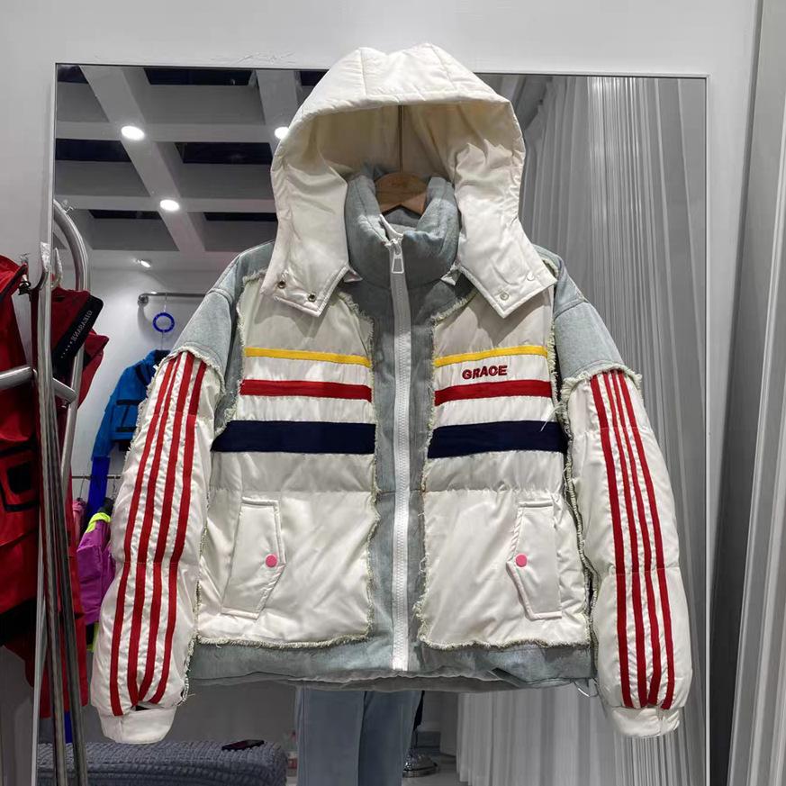 Four bars embroidered letters removable hat new down jacket women's short loose warm jacket trendy top
