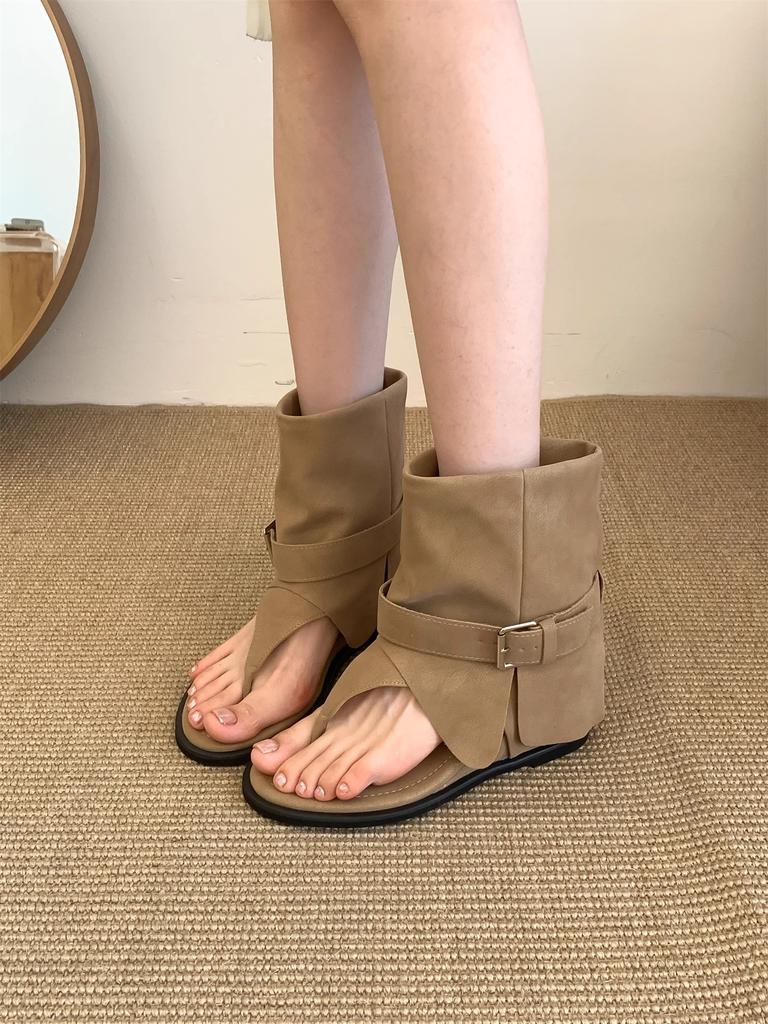 Retro Toe Sandals Women's Belt Buckle Fashion Shoes 2025 Summer New Trousers Temperament Not Tired Feet Roman Cool Boots