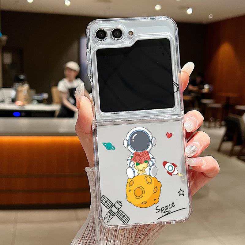 Cartoon Astronaut Pattern Phone Case For Samsung Galaxy Z Flip 6 5 4 3 5G Flip6 Flip5 Flip4 Metal Buckle Folding Silicone Cover