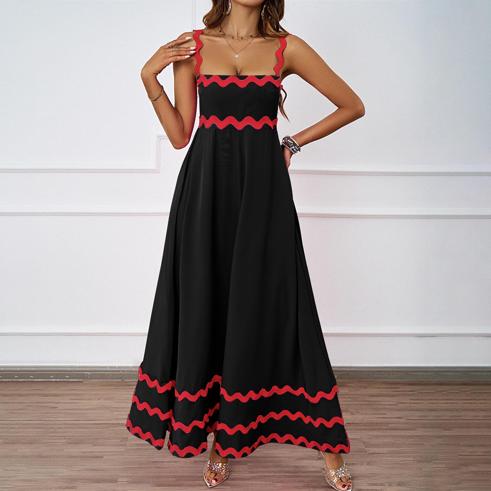 Women s Fashion Sexy Color Sleeveless Strap Dress Women s Dress Long Dress XXL чёрный