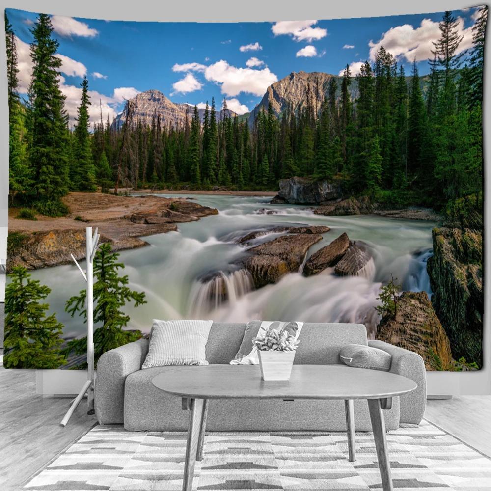 

Mountain Rolling Lake Scenery Art Tapestry Golden Forest Wall Hanging Hippie Cloth Backdrop Beach Mat Dorm Home Decor 74x94cm(29x37in)