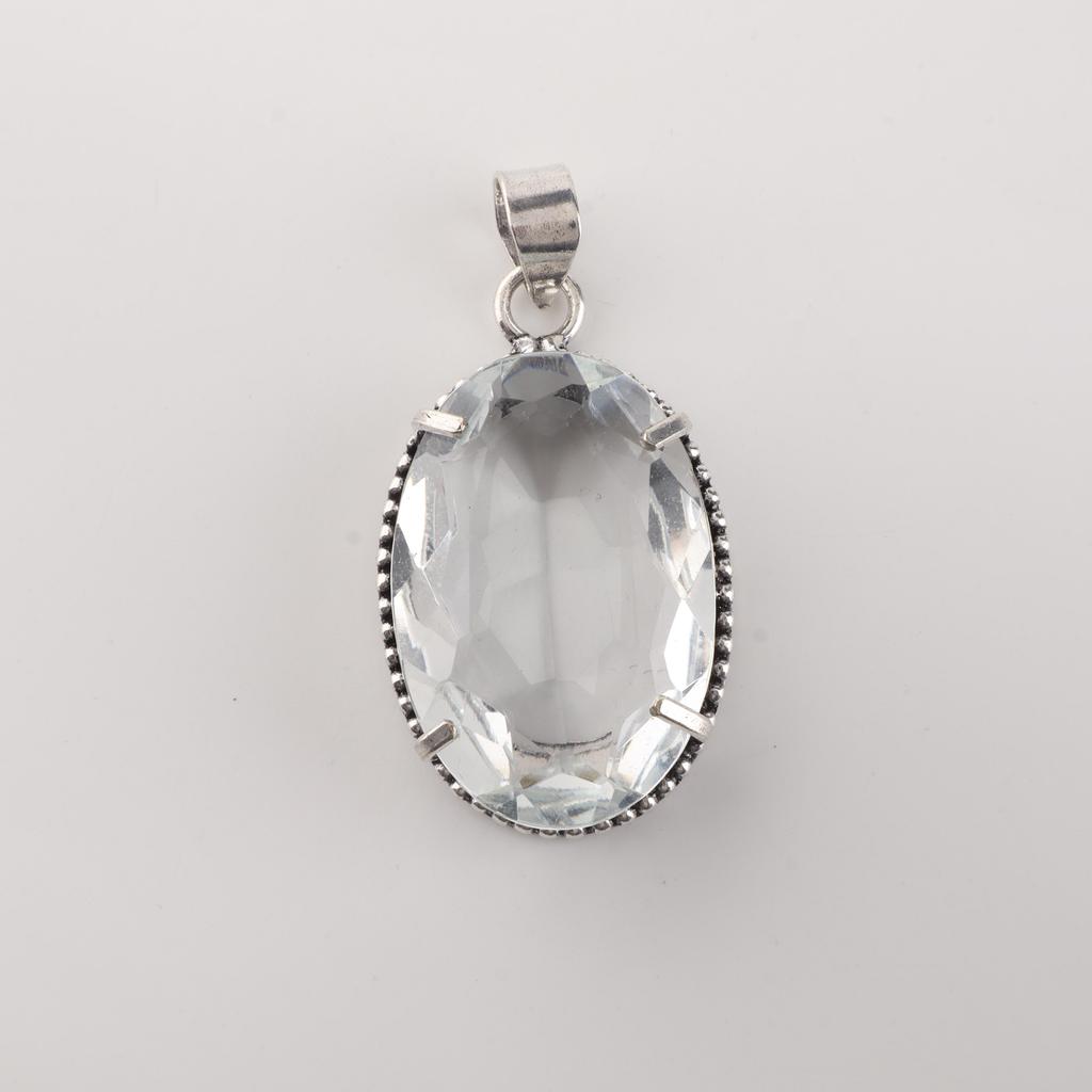 Crystal Quartz Gemstone Silver Pendant 1.75" , 925 Sterling Silver Handmade Jewelry, Women Wedding Pendant PP-63-5