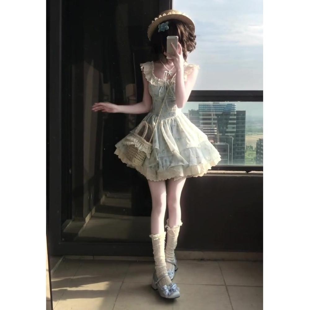 

Милые маленькие рукава-крылышки, нежная цветочная талия, короткая юбка, повседневное универсальное А-силуэтное платье принцессы с пышной юбкой XL- (recommended 110-60kg) синий