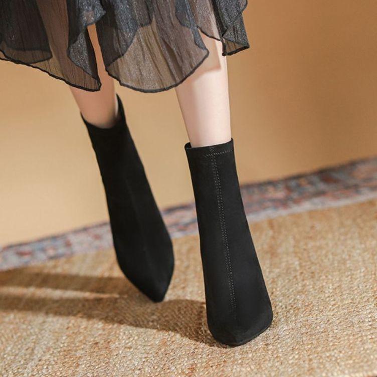 Fleece Black Elastic Thin Socks Boots, New Mid-tube Thin Heel Pointed Thin High-heeled Short Boots for Women In Autumn and Winter 2025