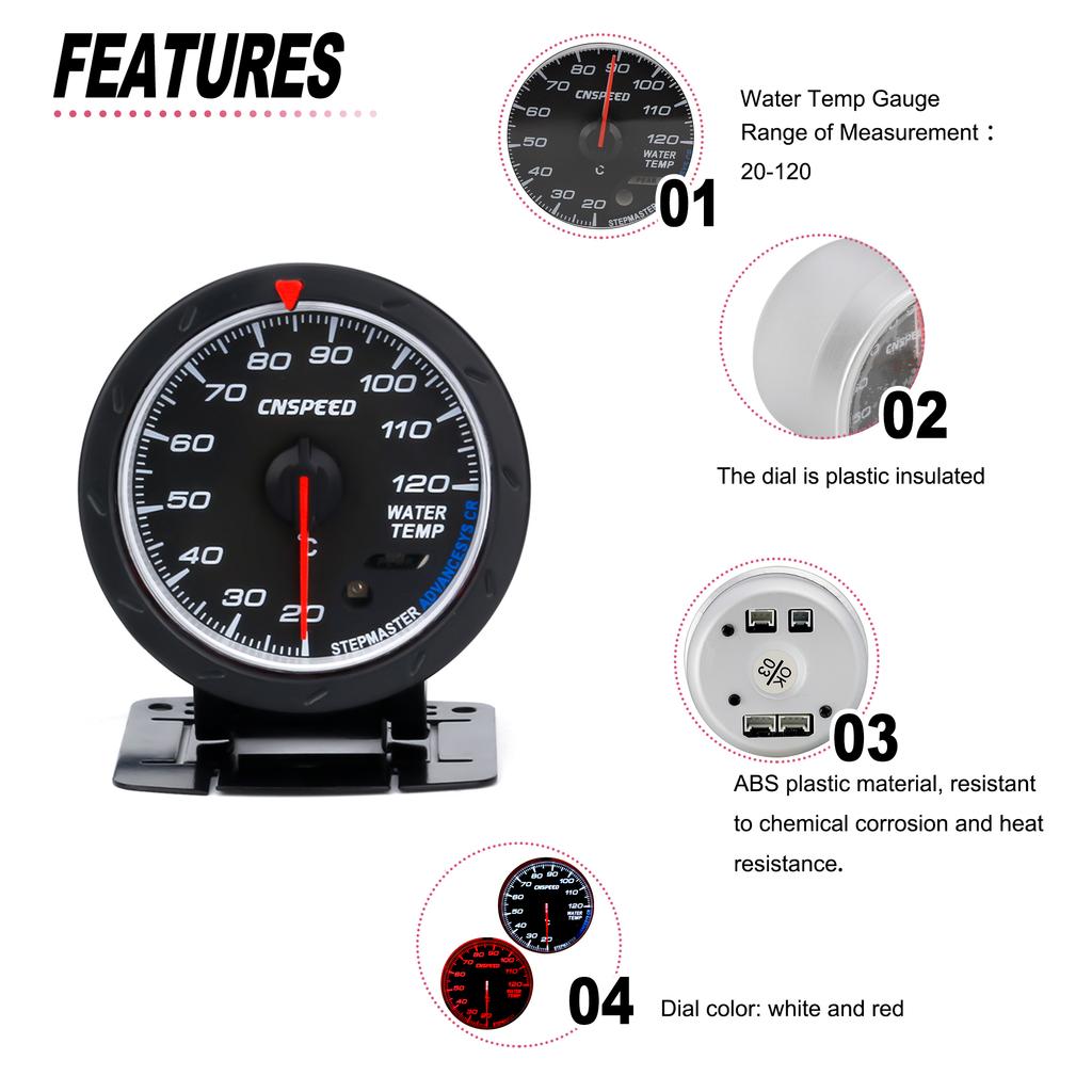CNSPEED 60mm Water Temperature Gauge 20-120 Celsius with 1 / 8NPT Water Temperature Seal Pipe Sensor Adapter New
