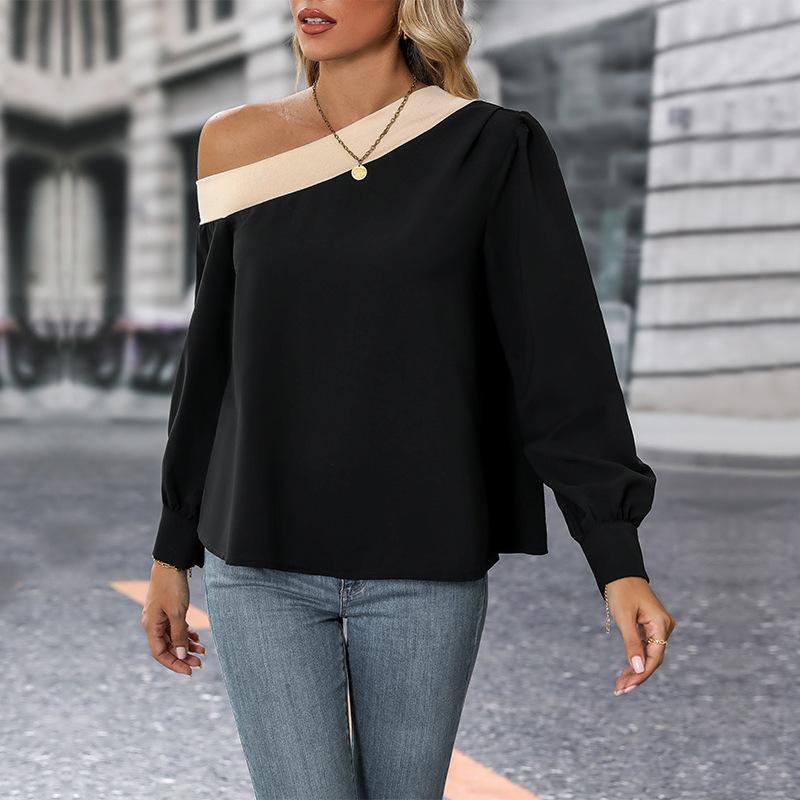 YYFS Women's Fashion Casual Spring Fall Long Sleeve Oblique Collar Blouses & Shirts