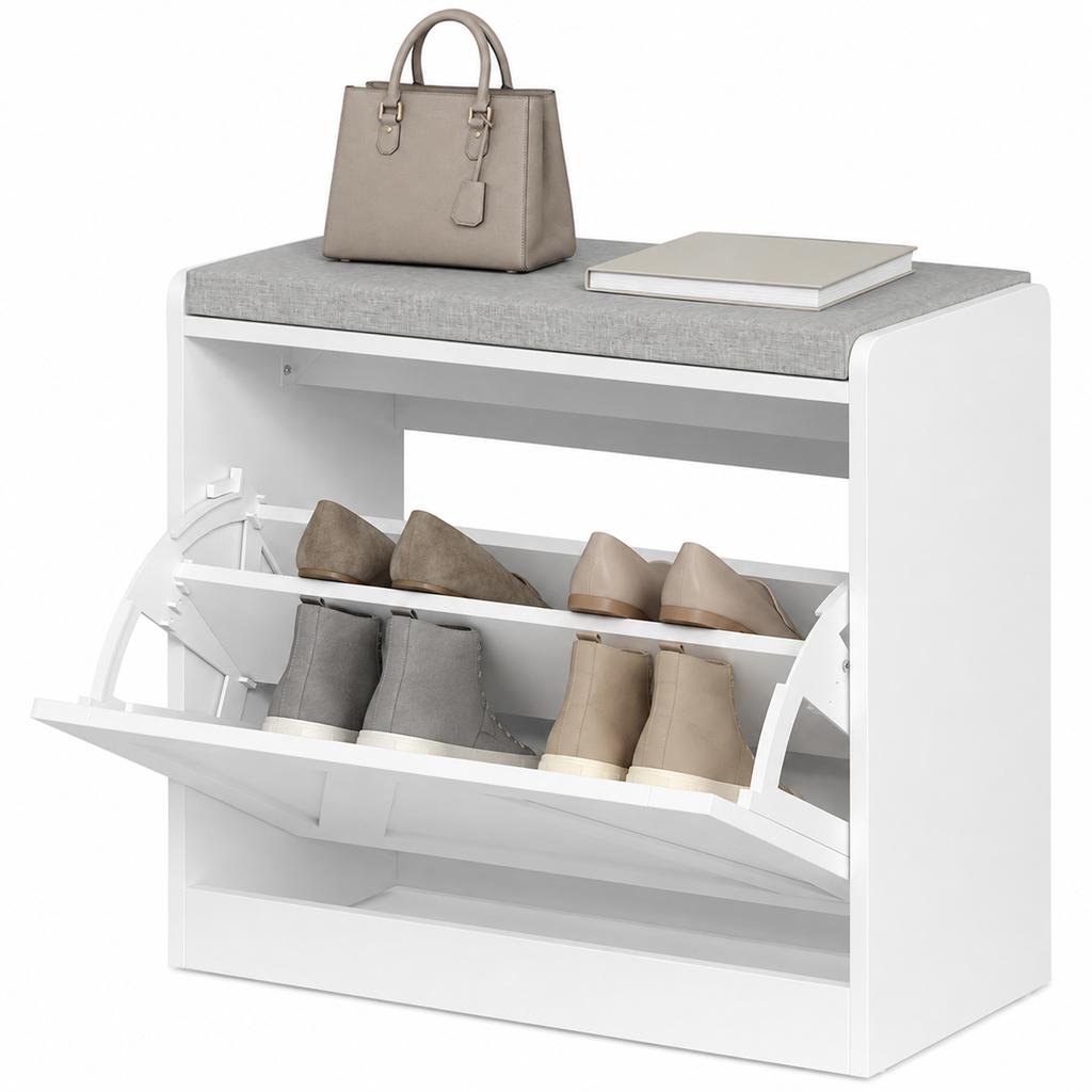 Shoe Rack Bench with Flip-Down Drawer, 60x30x52 cm, White