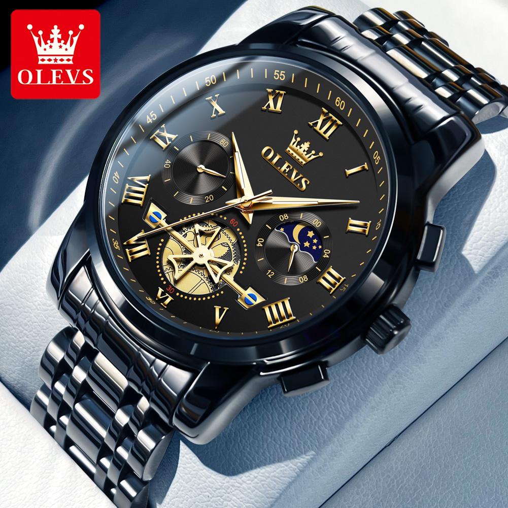 OLEVS Top Original Quartz Men's Watches Classic Roman Scale Dial Moon Phase Waterproof Luminous Luxury Wrist Watch for Male