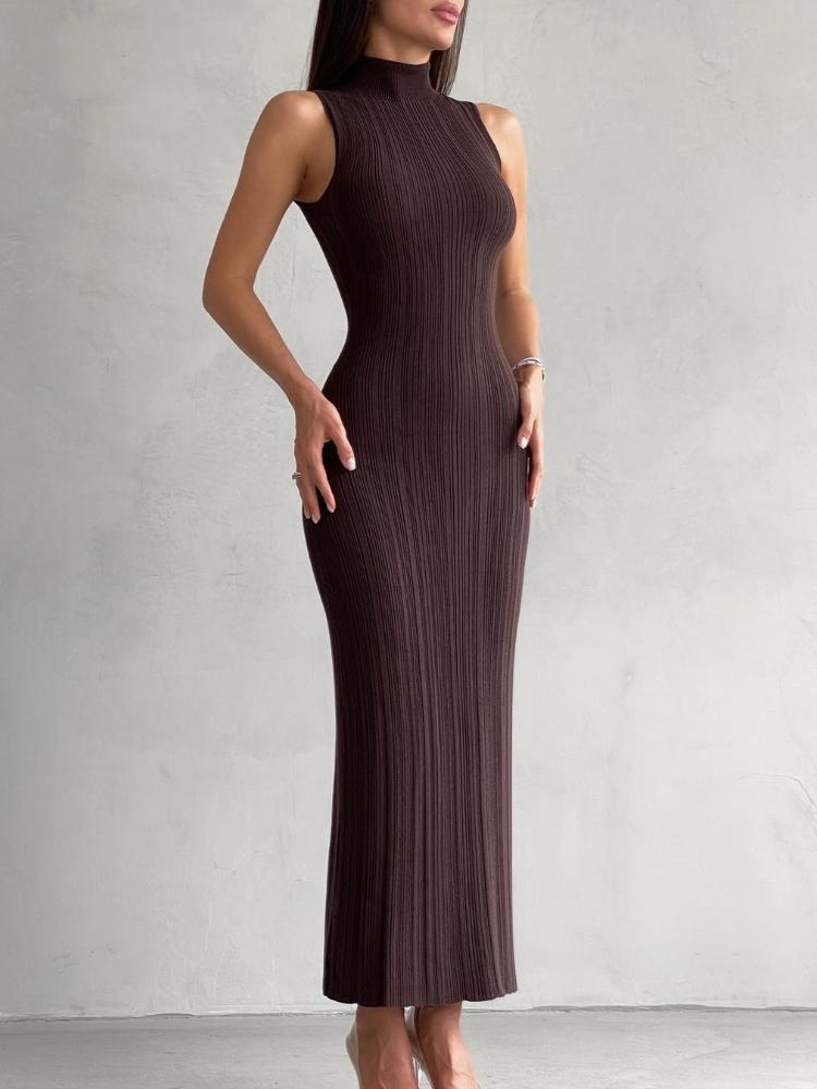 

Высокий воротник трикотажные женские платья осень зима Slim Fit Высокая талия бедра пакет дамское платье элегантный без рукавов тонкий женский S коричневый