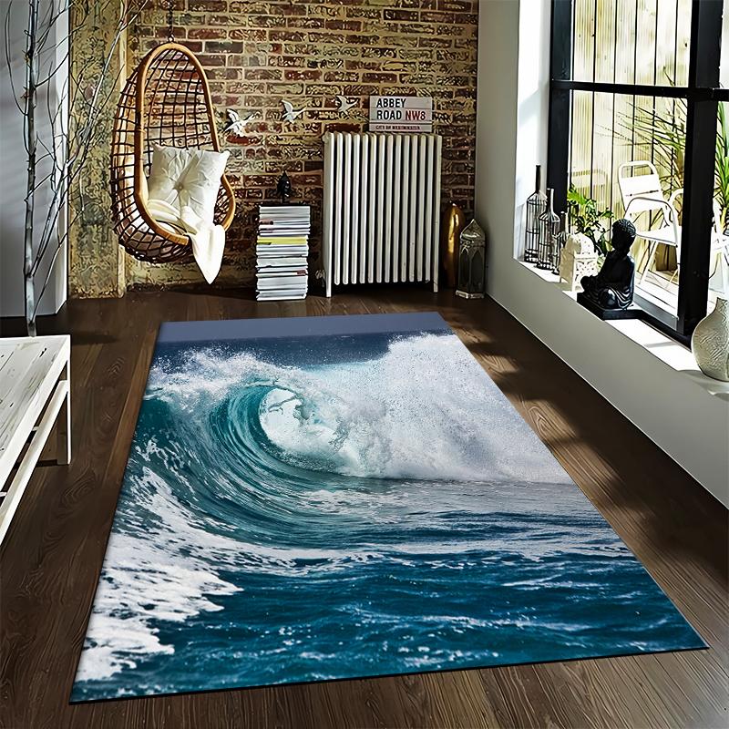 Ocean Wave Printed Carpet for Bedroom Decor, Blue Sea Pattern Rug Suitable for use as an anti-slip for living room bedroom sofas