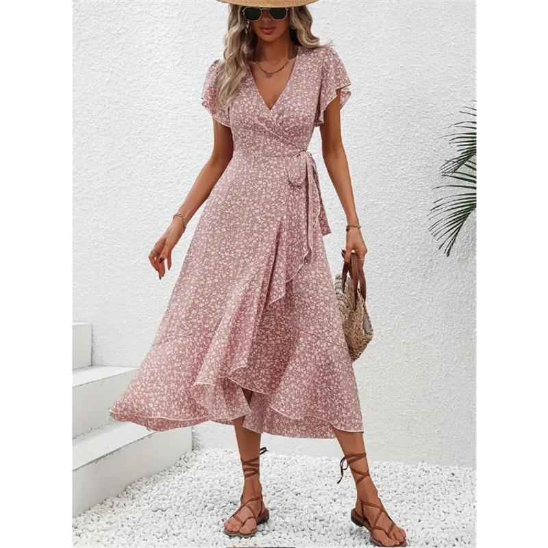 Kleine florale V-Ausschnitt Strickjacke mit Bändern, kurzärmeliges böhmisches Big-Swing-Urlaubskleid
