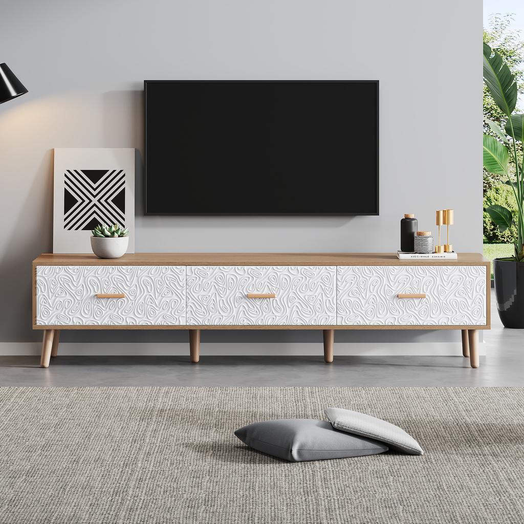 TV Low Panel Vintage, Wood TV Cabinet TV Table - Living Room Bedroom, Light Wood, Vintage Grain White Door Panel, 150*35*39cm