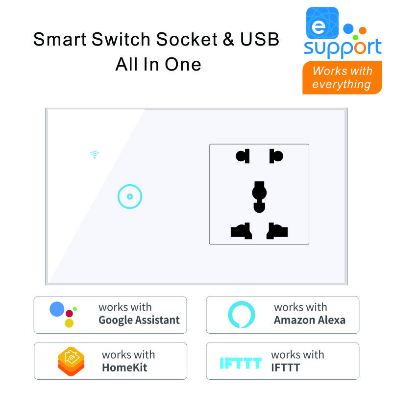 Alexa Google Multifunction 1Gang Wall Touch Switch Universal Electrical Socket With USB WiFi Smart Switch With USB 146*86mm&Uk Standard белый