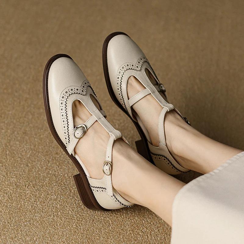Móda Nové Jaro 2025 Boty Mary Janes z Pravé Kůže Nízký Podpatek Dámské Boty Retro Kulatá Špička Boty pro Ženy Blokové Lodičky retro Dámské Boty