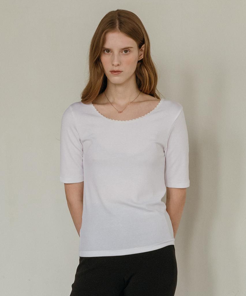 Akitaipeu Ribbed Round Lace T-Shirt_Ivory