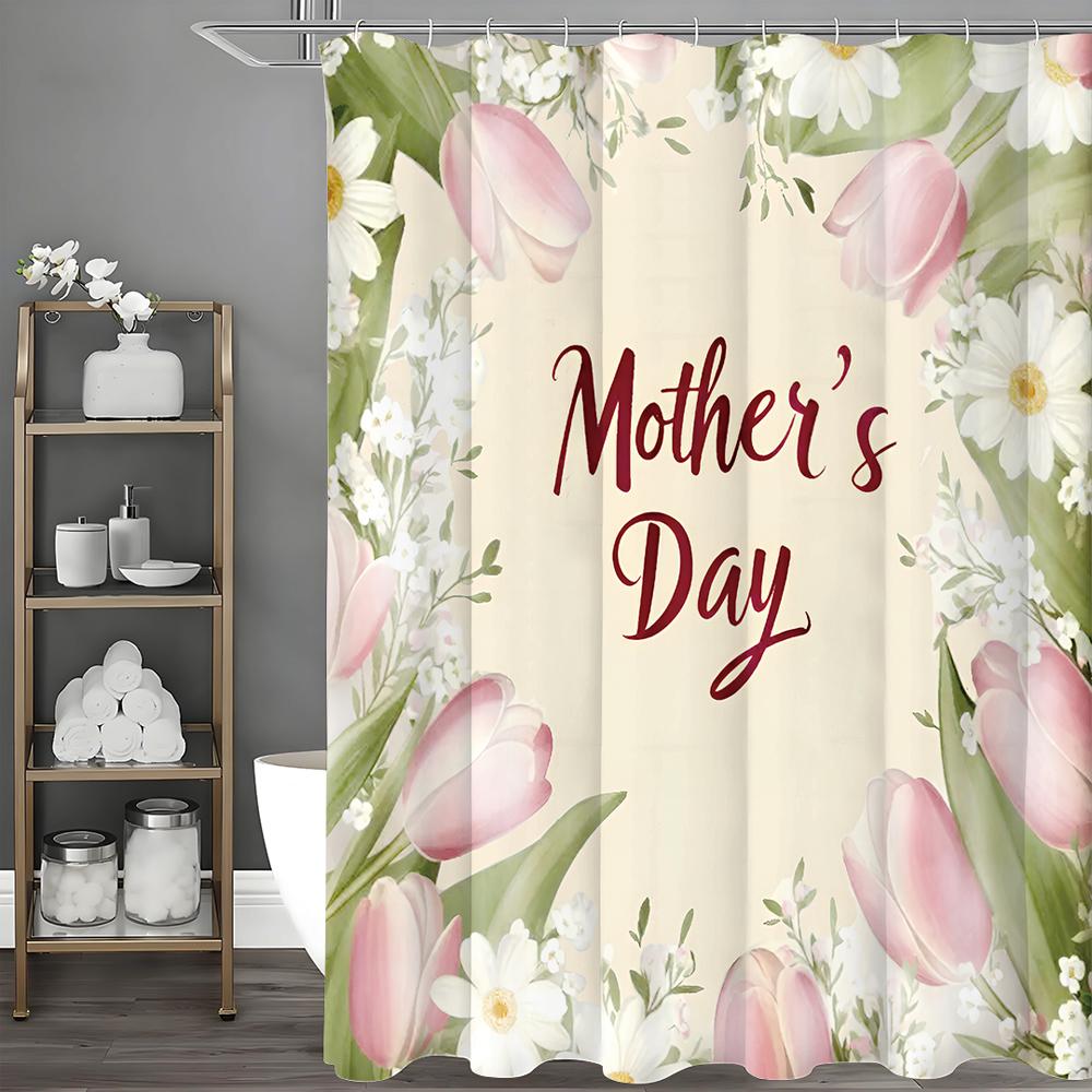 

Happy Mother s Day Pink Tulip White Flower Shower Curtain, Bathroom Decorative Shower Curtain, Waterproof Shower Curtain with Ho 90*180cm