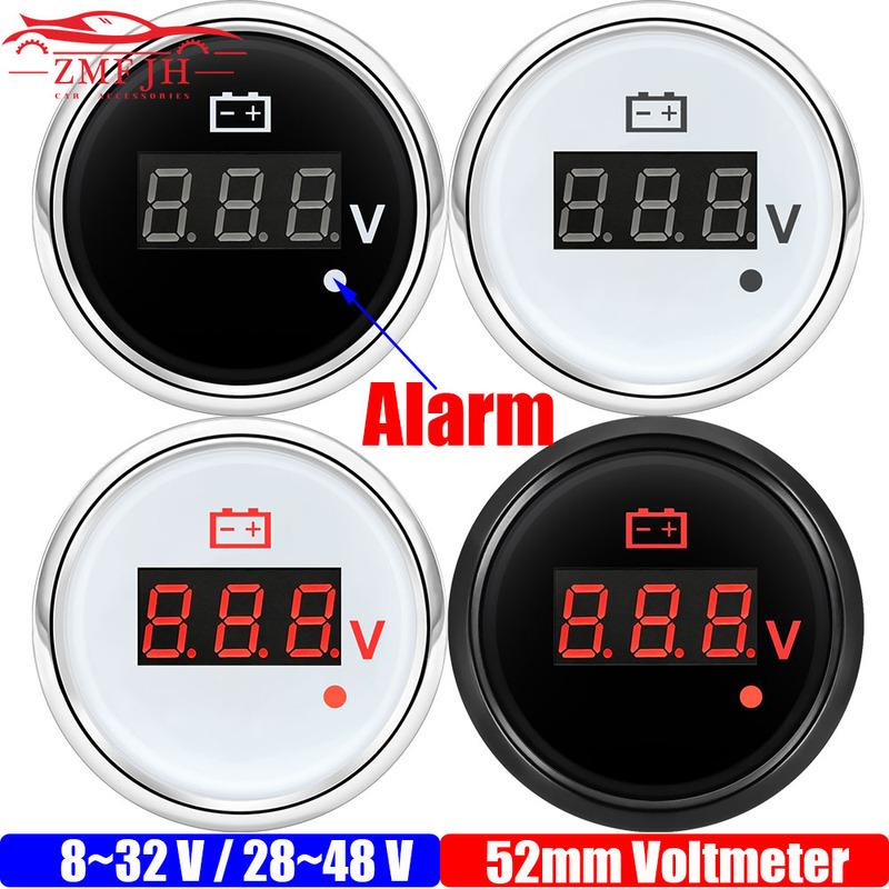 8-32V,28-48V 52mm Voltmeter with Warning Red Light Digital 52mm Voltage Car Gauge Waterproof Auto Marine Yacht 12V24V36V