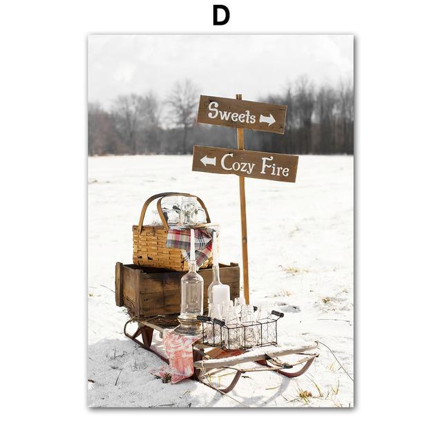 Winter Scenery Picture Canvas Painting Wall Art Elk Animal Wood Snowscape Poster and Print for Modern Home Living Room Decor