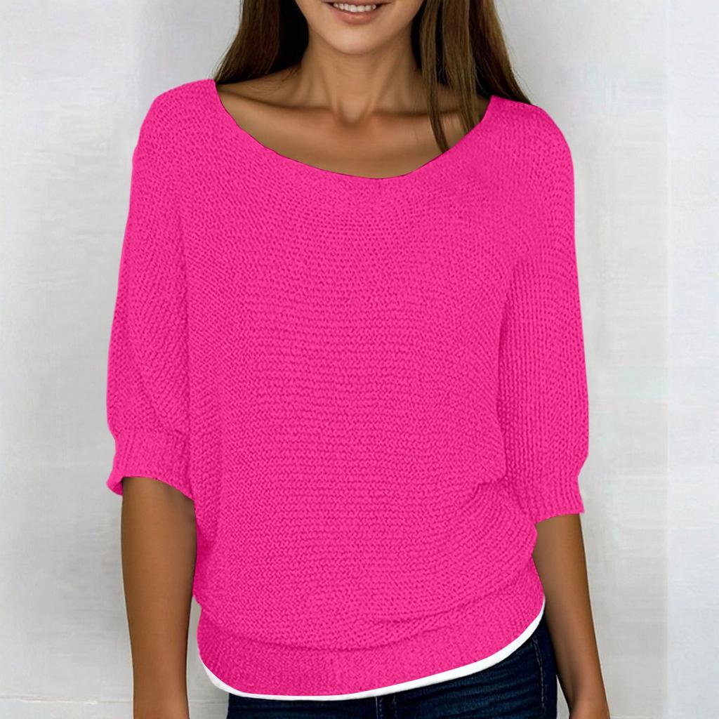 Women's Fashion Solid Color Round Neck 3/4 Sleeve Pullover Knitted Shirt Top